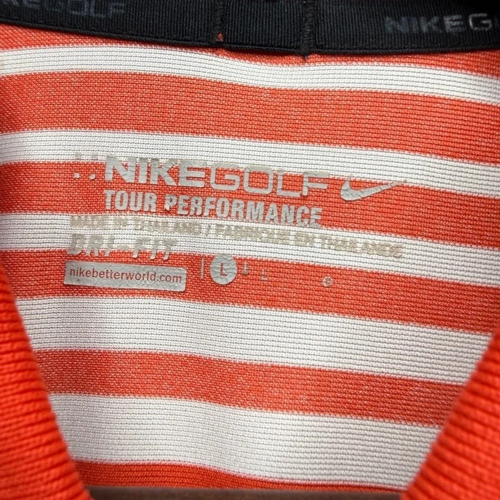 Nike‎ Golf Polo Shirt Tour Performance Dri-Fit Large Orange White Striped Mens